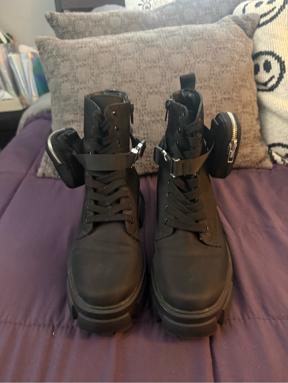 Steve Madden Thora - Women's Black Lace-Up Platform Combat Boots with Zip Pouch